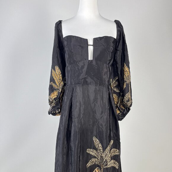 NWOT Farm Rio Maxi Dress Size M Black Print Puff Sleeves Plant Short Sleeve - Picture 8 of 14